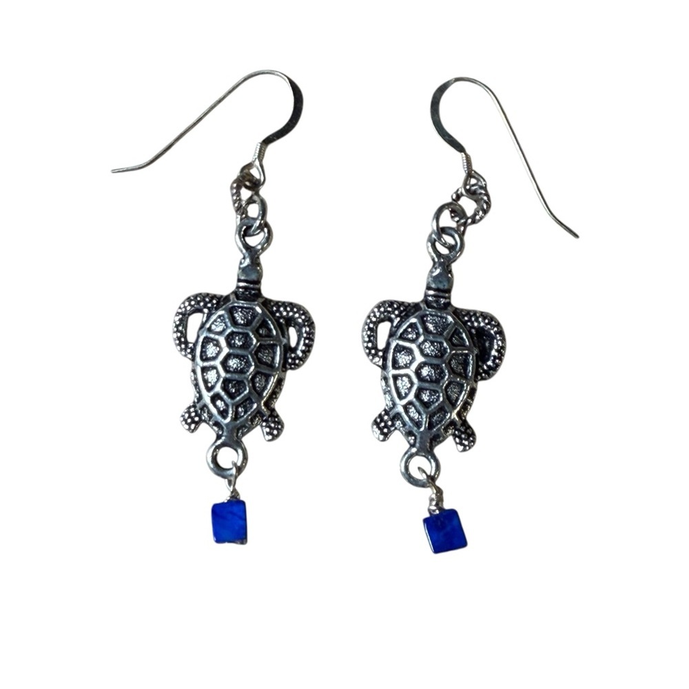 Handcrafted Silver Turtle Earrings with Lapis Beads and Sterling Ear Wires